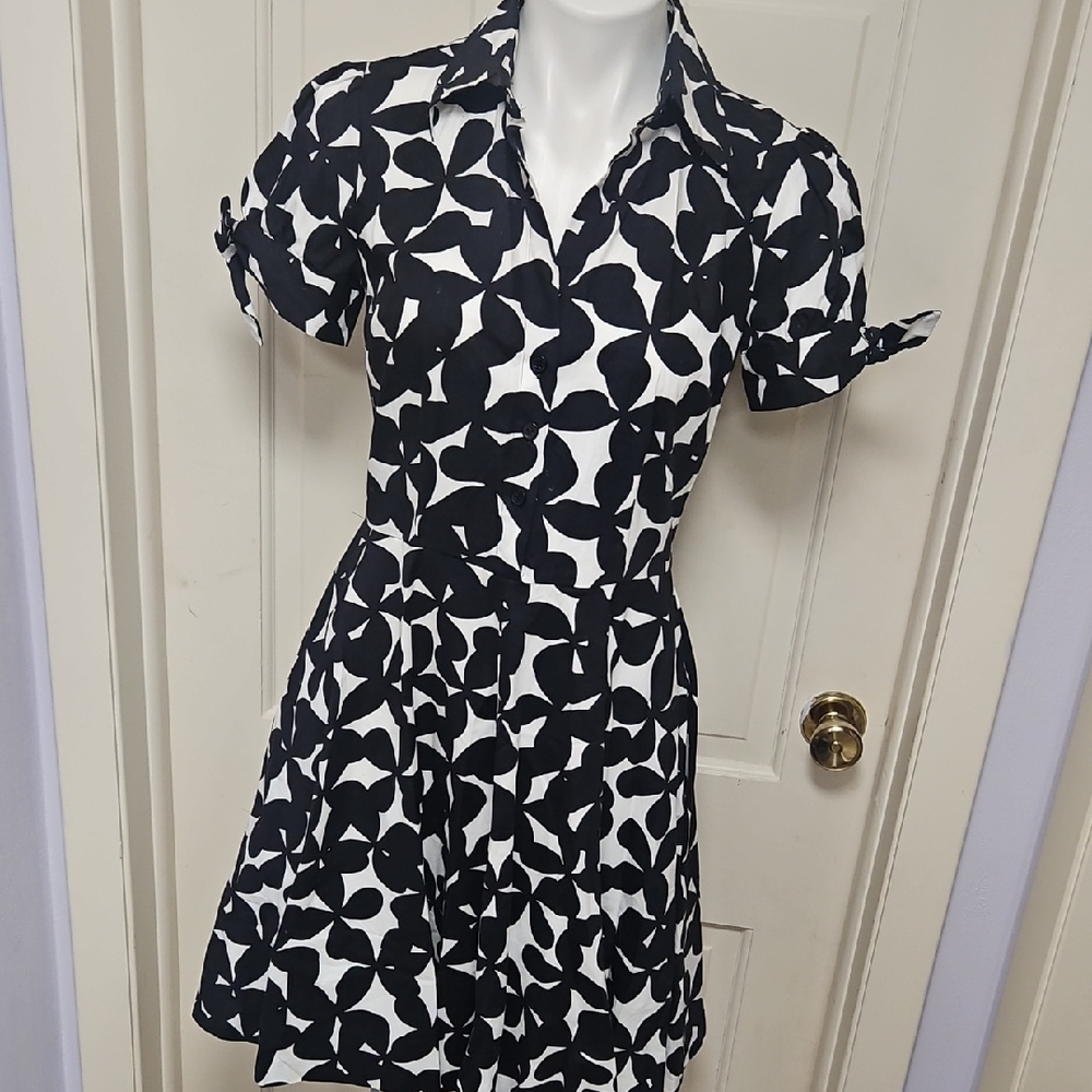 Stylish Black and White Patterned Cotton Dress POCKETS